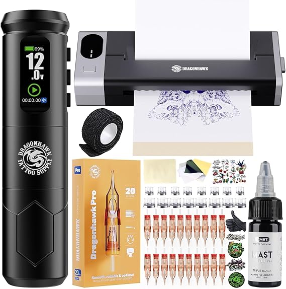 Dragonhawk A1 Pro Wireless Tattoo Machine Set, Stencil Printer