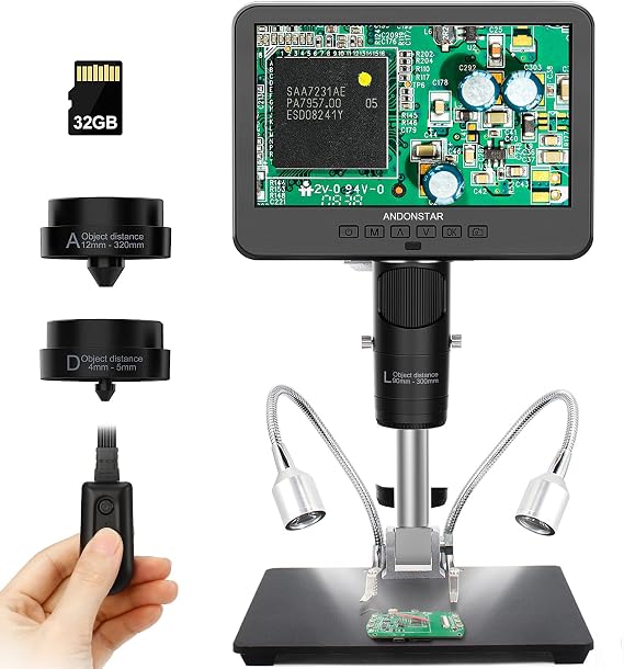 Andonstar AD246-M Digital Microscope for Adults, 3 Lens Soldering Microscope, 1080P FHD Video Record, 7 Inch LCD 500x, Coin Full View, Biological Kit with 32G Card, Prepared Slides