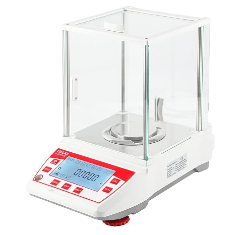UXILAII Analytical Balance GN Unit Lab Scale Glass Windshield (120g0.1mg) | Electromagnetic Force Compensation, 5" Backlit LCD, Multiple Units, RS232 Output, Density Function, External Calibration