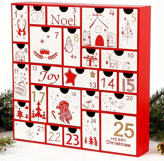 Juegoal Advent Calendar, 11.8'' Red Wooden Advent Calendars with 25 Storage Drawers Countdown to Christmas 2025, Christmas Advent Holiday Decor