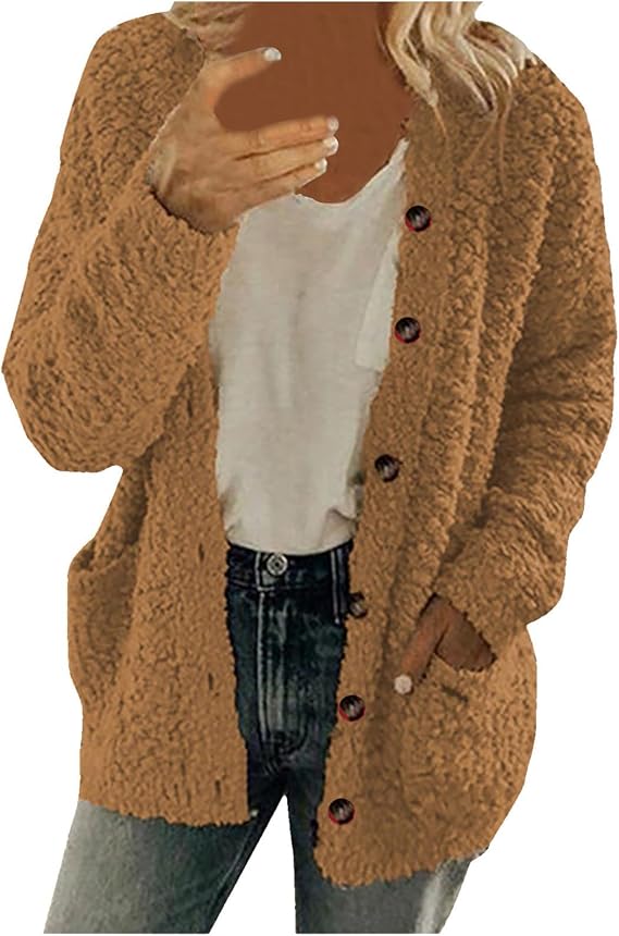Fashion Sherpa Jacket for Women Casual Fall Winter Coats Solid Button Cardigan Tops Plush Coat with Pockets