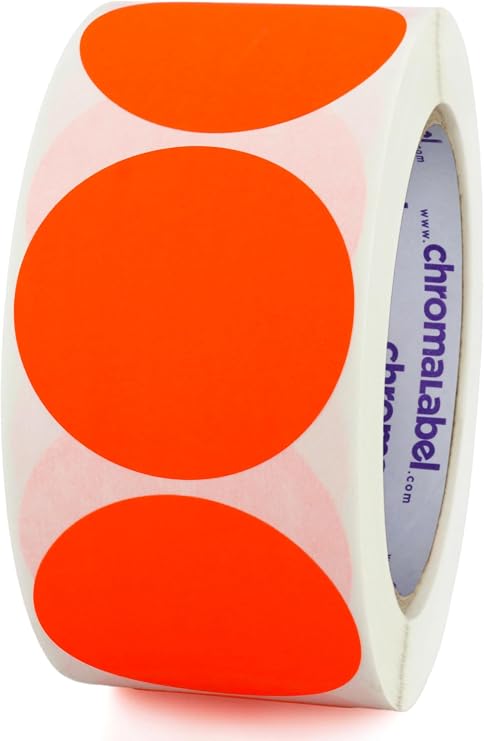 Fluorescent Red-Orange Circle Stickers, 2 Inch, 500/Roll | Matte Paper Color Coding Dots for Offices, Classrooms, Warehouses, and Medical Use. Made in USA