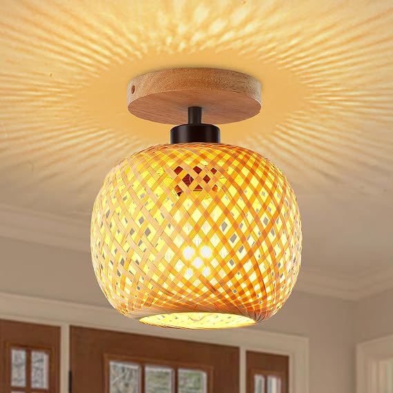 Bamboo Ceiling Light,Mini Size Boho Semi Flush Mount Ceiling Light Fixture,Handmade Rattan Wood Lampshade,Farmhouse Light Fixtures for Bedroom Nursery Hallway Corridor Passway [Energy Class A]