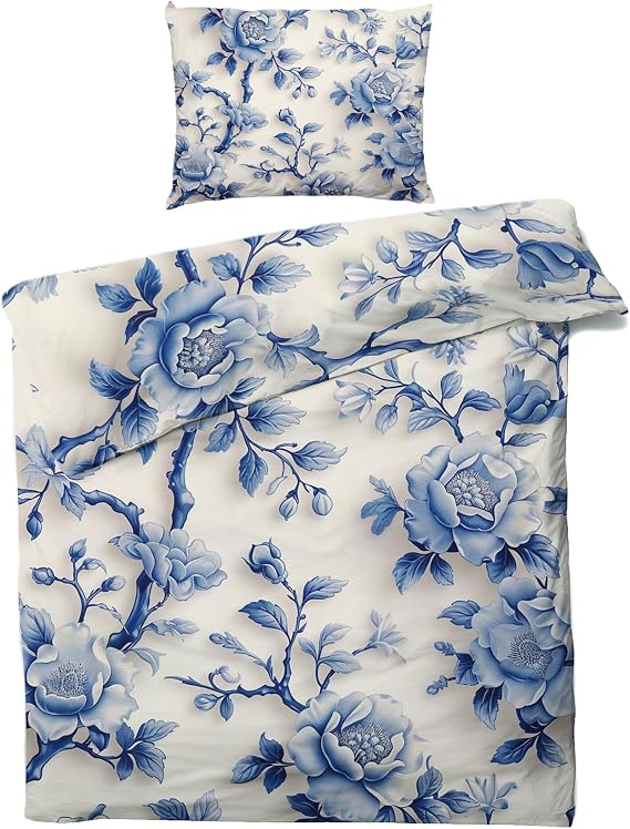 Chinoiserie Duvet Cover King Size | Blue and White Porcelain Floral Bedding Set | 3 Piece | Soft Microfiber Patterned Comforter Cover with Zipper Ties & 2 Pillowcases | Chinoiserie Bedroom Decor