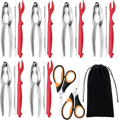 Seafood Cracker Tools, 21 Pcs Crab Leg Crackers and Tools, 6 Crab Crackers, 6 Crab Leg ForksPicks, 6 Lobster Shellers, 2 Seafood Scissors & 1 Storage Bag, mobzio Portable Seafood Boil Party Supplies