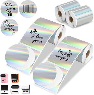 2 Rolls Round Thermal Labels Paper for Phomemo M220 M200 M221 M110 Labels Maker, 1.96’’ x 1.96’’ Waterproof Sticker Mini Printer Paper for DIY Barcode Logo Journal Notes Memo, Holographic Sliver