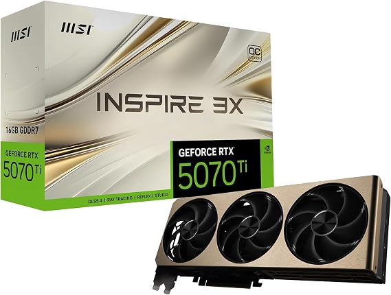 msi Gaming RTX 5070 Ti 16G Inspire 3X OC Plus Graphics Card (16GB GDDR7, 256-bit, Extreme Performance: 2497 MHz, DisplayPort x 3 2.1a, HDMI 2.1b, NVIDIA Blackwell Architecture)