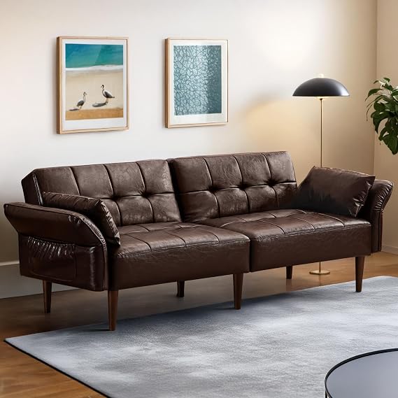 HALLYBEE 85" Futon Faux Leather Couch with Adjustable Armrests Coffee Brown