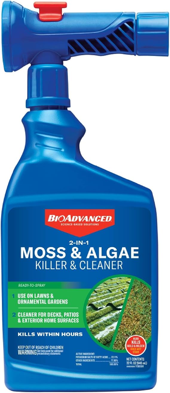 BioAdvanced 2-in-1 Moss and Algae Killer and Cleaner, Ready-to-Spray, 32 oz, 500 SQ FT | Ready-to-Spray - Use on Lawns, Ornamental Gardens, and Patios - Deck Cleaner - Up to 1 Year Protection