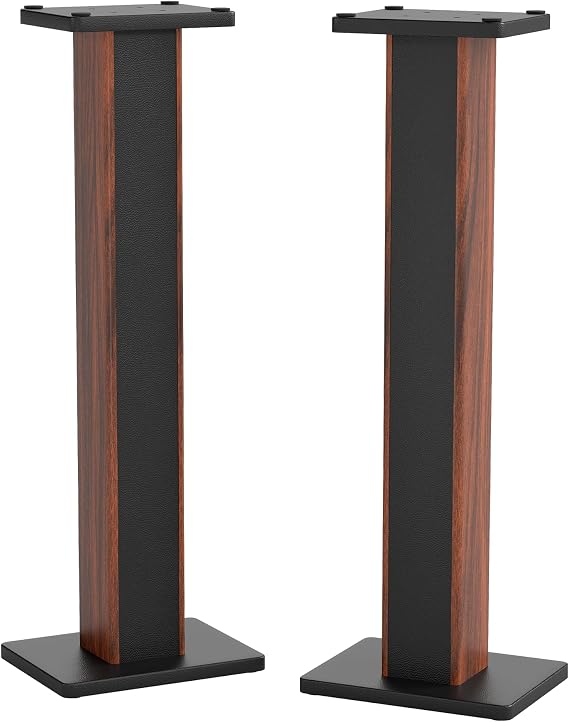 Turosur 36'' Speaker Stand, Wood Grain & Leather Hollow Sand‑Fillable