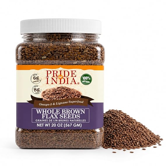 Pride of India Whole Brown Flax Seeds, 1.25 lb | Raw Whole Flaxseed | Mild Nutty Flavor, Rich in Omega-3 & Fiber | Vegan, Gluten-Free & Plant-Based Superfood | Great for Smoothies, Overnight Oats, Yogurt, Baking, Cereal & Flaxseed Gel