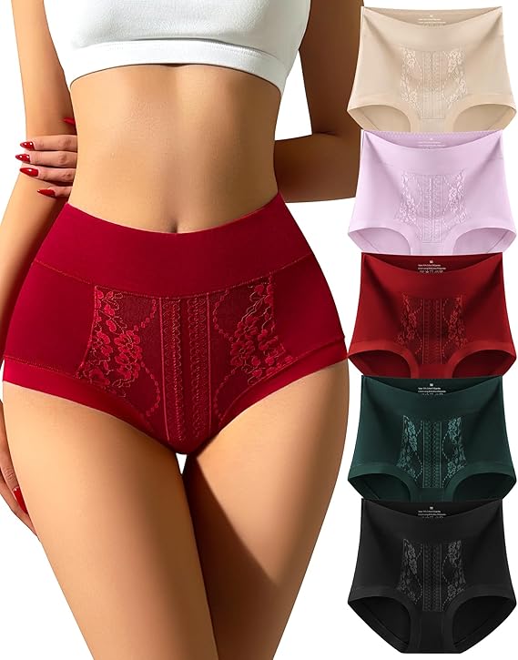 Annenmy High Waisted Cotton Women Underwear Soft Full Coverage Briefs Ladies Lace Panties 5 Pack Regular & Plus Size