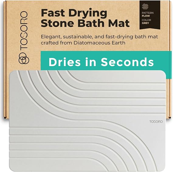 TOSORO - Stone Bath Mat, Diatomaceous Earth Non-Slip Stone Shower Mat - Quick Drying Absorbent Bath Mats for Bathroom - Elegant & Modern Design, Easy to Clean (23.5 x 15) Grey 2 Pieces