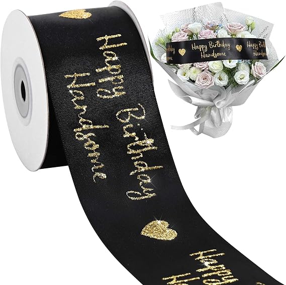 1 Rolls 10 Yards Happy Birthday Ribbon Black Glitter Happy Birthday Handsome Ribbon for Party Gift Wrapping DIY Crafts Home Decor Supply, 2 inch