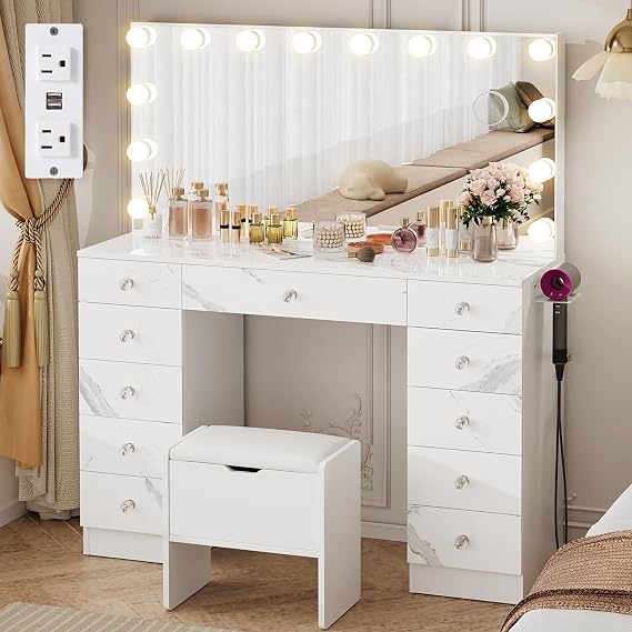 VOWNER Vanity with Lighted Mirror - Makeup Vanity Desk with Lights | Women Vanity with 11 Drawers, 3 Color Lighting Modes Adjustable Brightness, 46" Makeup Desk with Stool for Bedroom, Marble