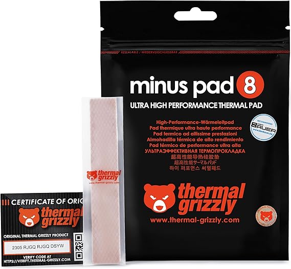 Thermal Grizzly Minus Pad 8-120x20x2.0mm Thermal Interface Pad, Electrically Non-Conductive, High Thermal Conductivity & Compressibility for SSDs, GPUs & Electronics