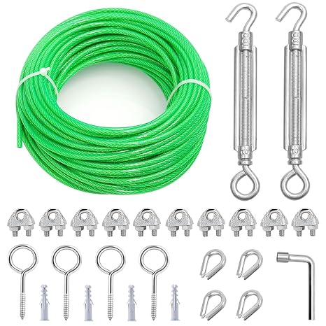 Wire Rope 5 mm & M6 Turnbuckles Kit 15 m Steel Cable with Eyelets Tension Wire PVC-Coated Rope Tension Set for Garden Metal Rope Washing Line Trellis for Climbing Plants Curtain Rope