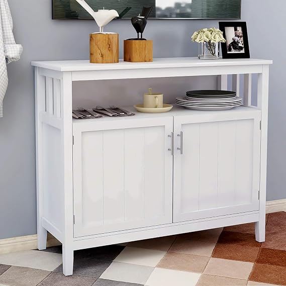 Kitchen Storage Sideboard Buffet Cabinet Storage Cupboard Console Table with 2 Doors and Adjustable Shelf Inside for Home Restaurant (White)
