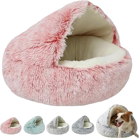 Cozy Cocoon Dogs Bed, Plush Fluffy Comfy Cocoon Pet Beds, Cozy Fluffy Plush Covered Burrow Nest with Washable Fabric & Non-Slip Base for Dogs & Cats (Pink-Short Velvet,15.8in)