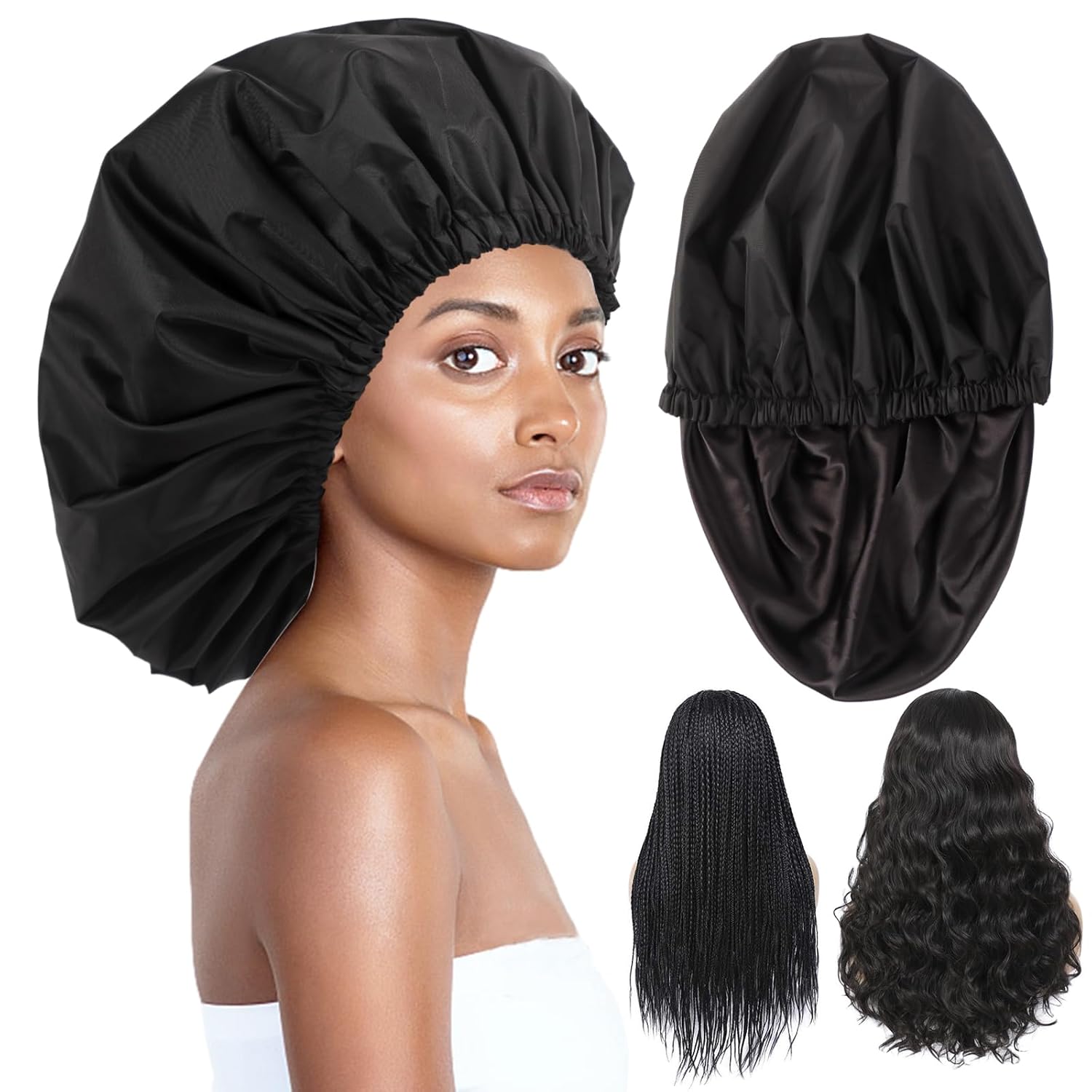 Adjustable Shower Caps for Women Reusable Waterproof Satin Lining Extra Large Shower Cap for Women and Men Long Hair Braids Curly Hair Xl,Black