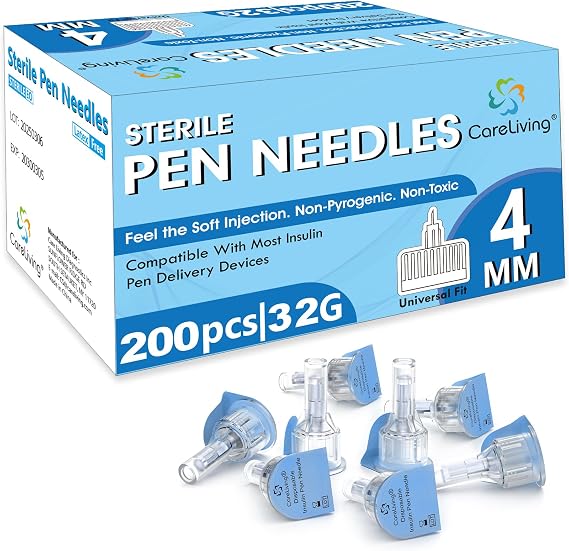 CareLiving 200 Count Insulin Pen Needle 32gauge 4 mm (5/32), Universal Fit Compatible with Most Pen Injector Device, Ultra-Thin for Comfortable Insulin Injection