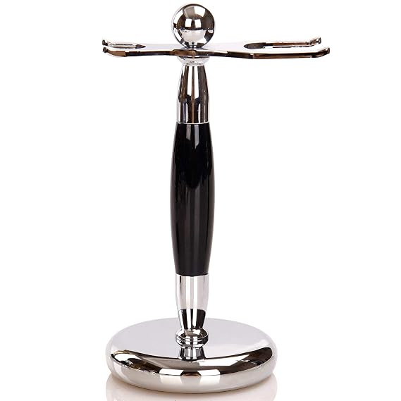 SANWA Deluxe Stainless Steel Shaving Brush Stand Holder for Razor & Brush - Extra Wide Openings, Weighted Base Black Handle