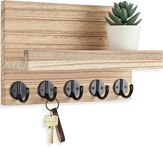 Rustic Wooden Key Holder Shelf, 5-Hook Wall Mount Entryway 25x17cm | Solid timber beige, mail organiser coat rack, hallway entrance bathroom, compact ledge, metal hooks durable, decor ledge