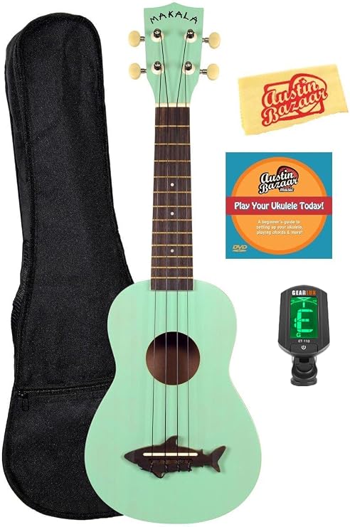 Kala MK-SS-GRN Makala Shark Soprano Ukulele - Surf Green Bundle with Gig Bag, Tuner, Austin Bazaar Instructional DVD, and Polishing Cloth