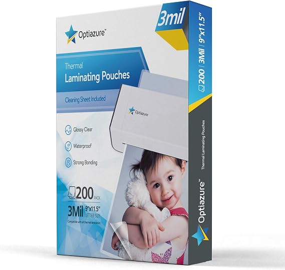 Optiazure Thermal Laminating Pouches 9"x11.5" Inches, 3mil 200Pack, Laminated Paper, Clear, Letter Size, Office and School Supplies