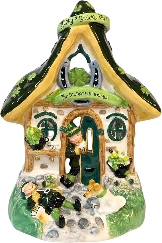Blue Sky Clayworks The Drunken Leprechaun Candle House, Ceramic 8" L x 7" W x 9" H, Shamrock Pub Glow