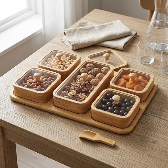 Deconox 6 Parça Bambu Kahvaltılık Seti - Şeffaf Akrilik Kapaklı Kırılmaz Çerezlik, Reçellik ve Kahvaltı Sunum Tabağı (32.5 x 22 x 4 cm)