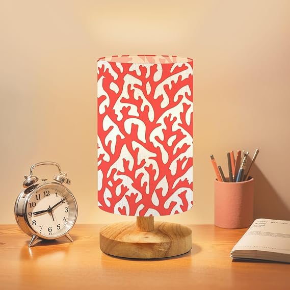 Bedside Table Lamp Seamless Coral Coral White Two Tone Pattern Dimmable Desk Lamp with Flaxen Fabric Shade Wood Base Nightstand Lamp Small Lamp for Bedroom Living Room Home