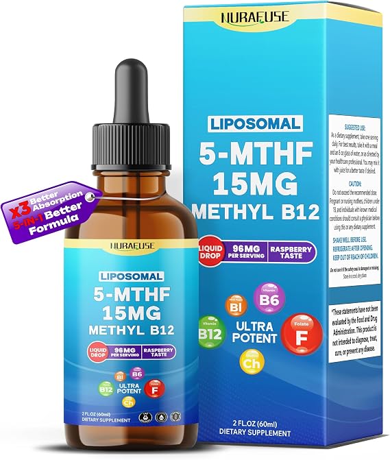 Liposomal 5-MTHF 15mg & Methyl B12 Liquid Drops 96mg per Serving, Ultra Potent, Raspberry Taste 2 FL OZ (60ml)