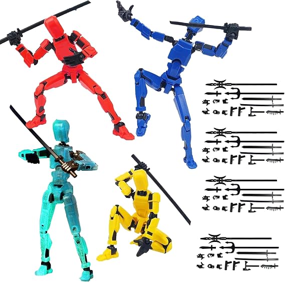 Action Figure Set, Model with Articulated Joints, Desktop Display and Animation Creation, 4 Pack with Multiple Weapons and Hand Types in Yellow Black Blue Red Glow Colours