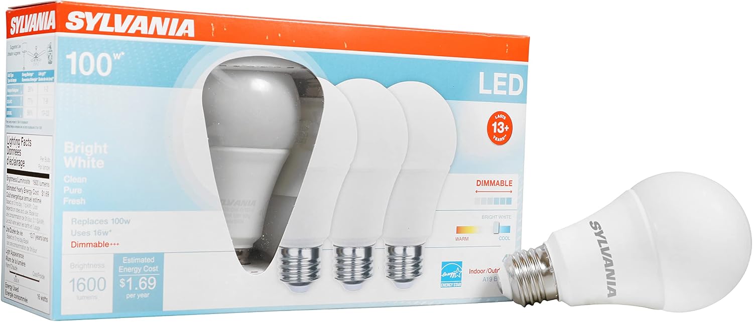 Sylvania A19 LED Light Bulb, 100W = 16W, Dimmable, Medium Base, Frosted Finish, 1600 Lumens, 3500K, Bright White - 4 Pack 40738