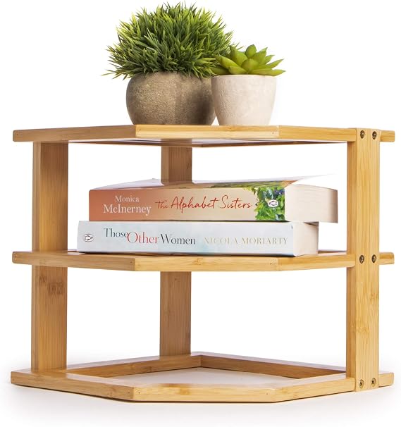 Bamboo 3 Tier Corner Shelf | Kitchen Cupboard Storage Organiser | Stacking Shelf | Worktop Tidy | Plate Rack | Space Saving Unit | Mini Shelf | M&W
