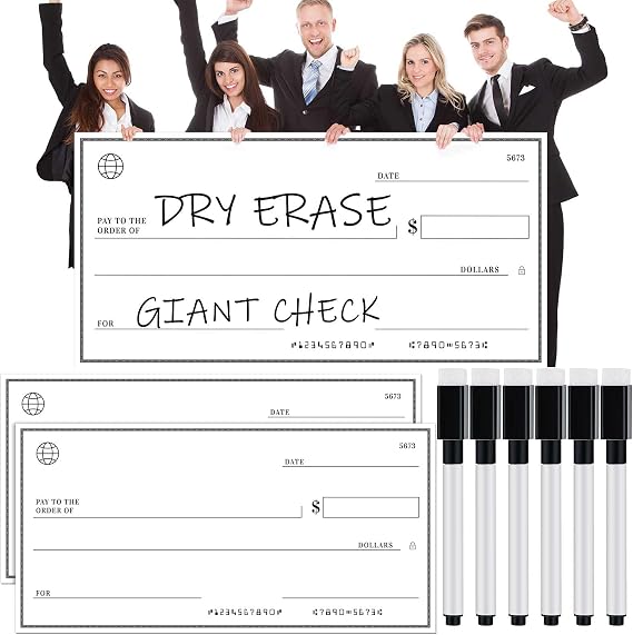 Honoson 2 Pcs Big Checks for Presentations Giant Check Dry Erase Oversized Check Thick Cardboard with 6 Pcs Erasable Pens Oversized Award for Endowment Donations Fundraiser(48" x 24")