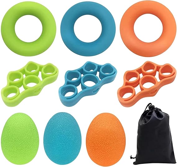 9Pcs Set Grip Strengthener, Finger Exerciser Stress Relief, Silicone Fingers Exerciser Hand Squeeze Ball Kit, Hand Grip Strengthener for Muscle Training, Sports, Rock Climbing, Fitness