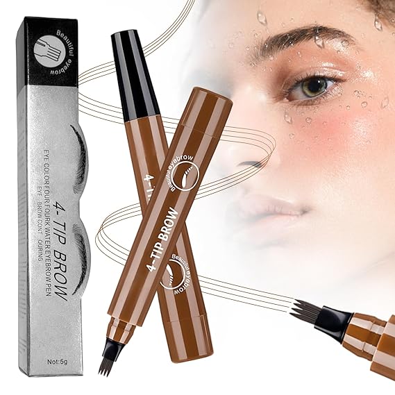2Pcs Eyebrow Pencil, 2025 Upgrade 4 Tip Eye Brow Pen 3D Magic Eyebrow Tattoo Pencils, Long-Lasting Fine Stroke Microblade Eyebrow Pencil for Makeup Last All Day (Dark Brown)