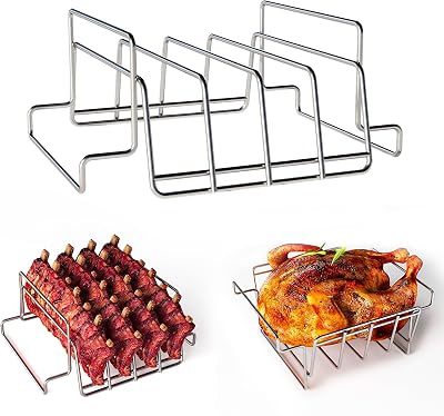 Turkey Roasting Rack, Rib Racks for Grilling and Smoking, Stainless Steel Turkey Rack for Large Big Green Egg and Kamado Joe, 4 Slot Rib Rack
