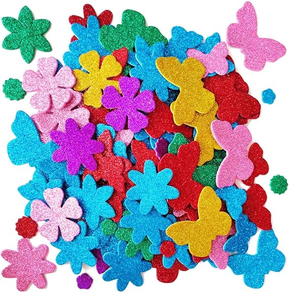 Glitter Foam Flower and Butterfly Shapes Stickers, Self-Adhesive Stickers Kid's Arts Crafts Supplies for Greeting Cards DIY Scrapbooking Cards Creative Toys Home Decoration (Random Colors)