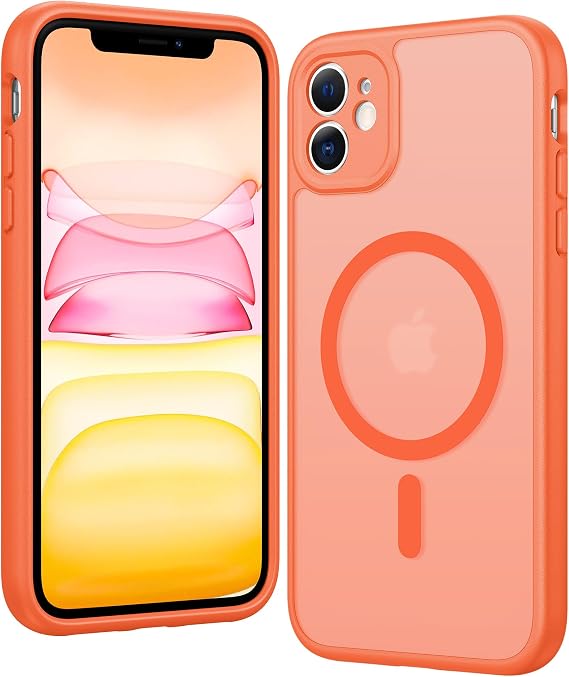 FNTCASE for iPhone 11 Case Matte: Magnetic Phone Cases Compatible with Magsafe Slim Anti Yellowing Military Grade Drop Protection Rugged Shockproof Protective Translucent Cell Cover (C-Orange)