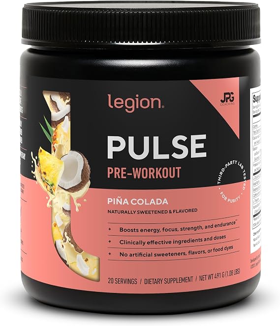 LEGION Pulse Pre Workout - All Natural Nitric Oxide Preworkout Drink to Boost Energy, Creatine Free, Naturally Sweetened, Beta Alanine, Citrulline, Alpha GPC (Pina Colada)