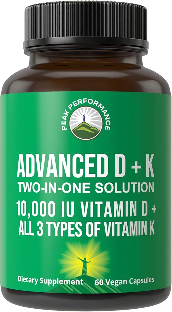 Peak Performance Advanced Vitamin D 10000 IU with All 3 Types of Vitamin K | 10,000 Vitamin D3 and Vitamin K2, K1, MK-7 (MK7), MK4 Supplement. 60 Small and Easy to Swallow Capsules