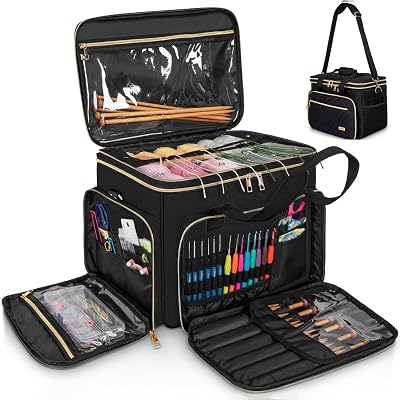 Knitting Bag Yarn Storage Tote, Large Crochet Organizer Bag, Yarn Holder Case for Knitting Needles, Knitting Project Bag with Inner Divider for Knitting Accessories, Crochet Hooks, Black