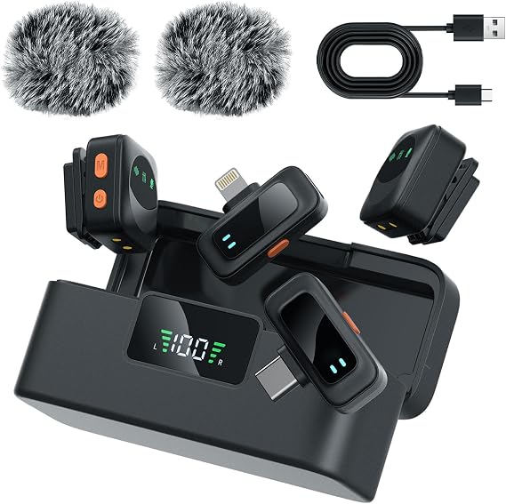 Ai Mini Mic Wireless Lavalier Microphone System (2TX+2RX+Case), Magnetic & Clip-On Microphone for iPhone, Android, Vlogging, Studio-Quality Sound, 48H Battery, Ai Noise Cancelling (Black)
