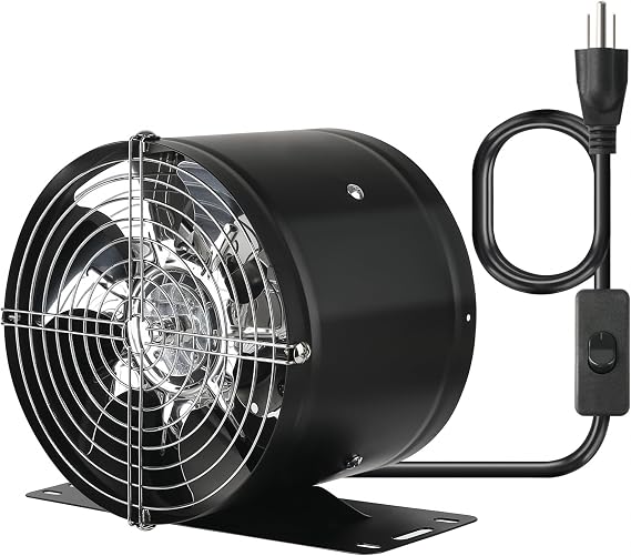 8 Inch Inline Duct Fan, with Switch Low Noise High Air Flow Extractor Fan Metal Exhaust Fan with Bracket and Mesh for Basement, Garage, Attic, Kitchen(Black)