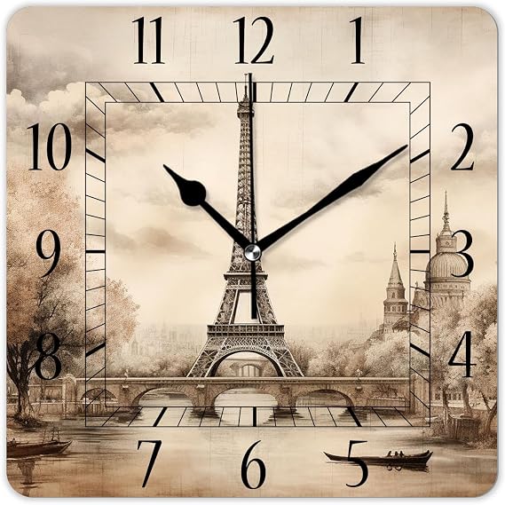 Decorative Wall Clock 10 Inch Silent Square Clocks for Home Living Room Kitchen,Eiffel Tower Retro Paris Exquisite