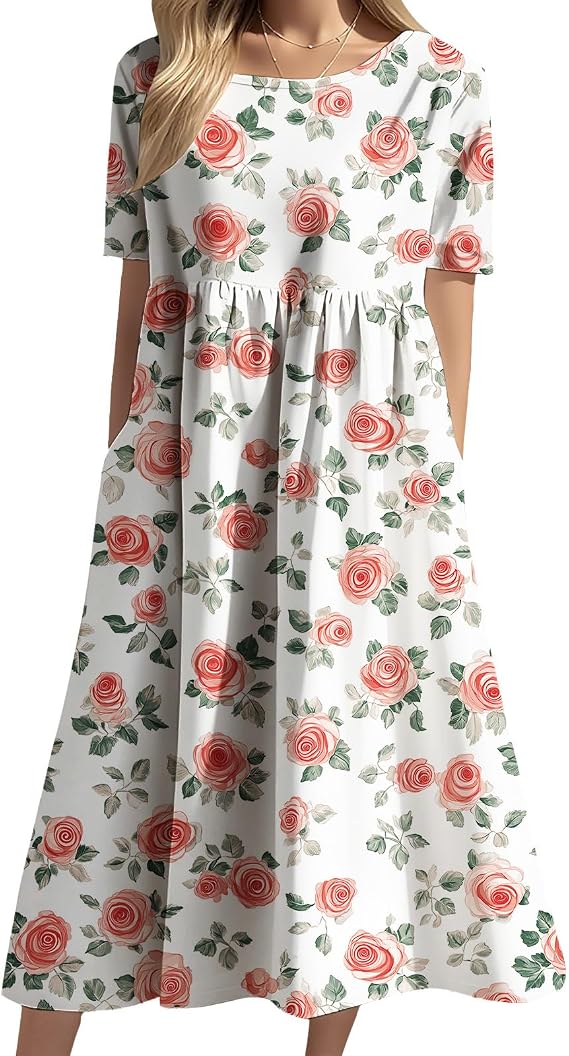 ZOCAVIA Women Boho Floral Dress Short Sleeve 2026 Summer Beach Flower Dress Fashion Casual Midi Dresses with Pocket
