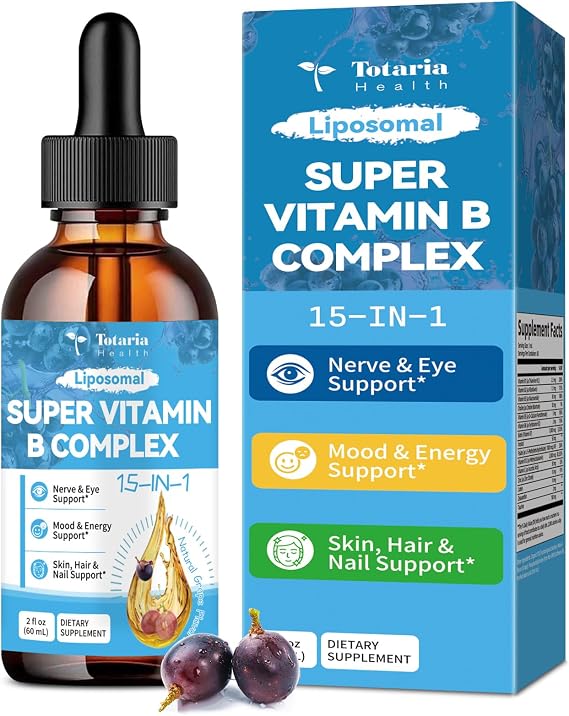 15-in-1 Liposomal Vitamin B Complex Pro Sugar-free B Complex Drops with B1, B2, B3 Niacinamide, Choline, B5, B6, B7 Biotin, Inositol, Folate, B12, Zinc, Lutein, Zeaxanthin, Taurine & Vit. C, 2 fl oz